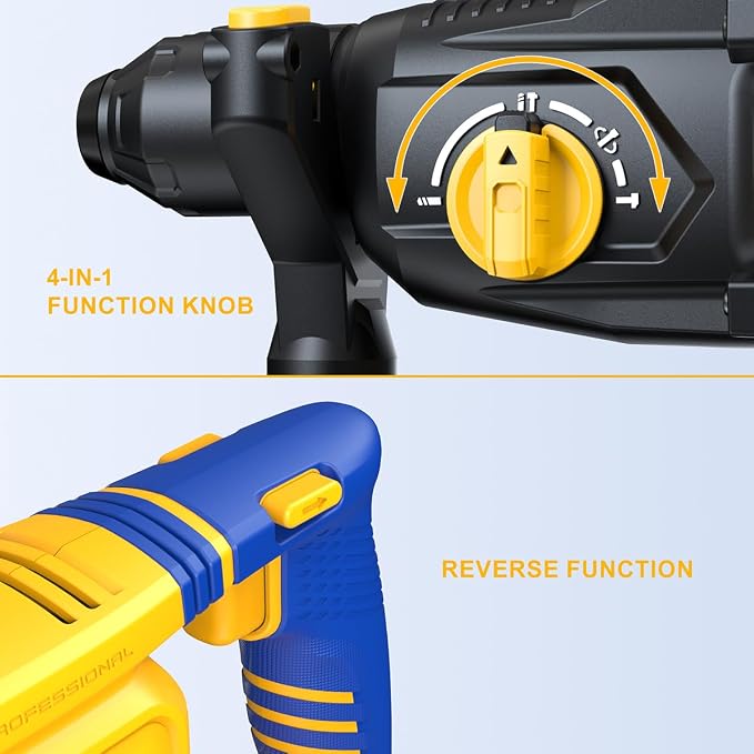 SDS-Plus Cordless Rotary Hammer Drill for Dewalt 20V Battery，Brushless Motor, Safety Clutch, 4 Functions, LED Light with Vibration Control, 5 Drills with Carry Bag(No Battery)