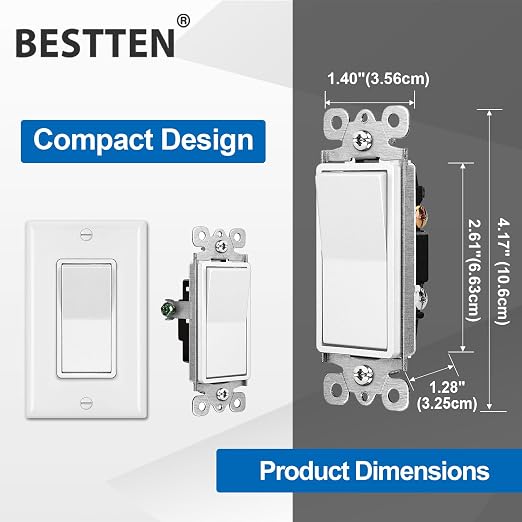 BESTTEN 30 Pack Single Pole Decorator Light Switch, Rocker Paddle Wall Switch, On/Off Interrupter, w/Wall Plate, 15A 120/277V, UL Listed, White