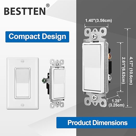BESTTEN 60 Pack Single Pole Decorator Wall Light Switch with Wallplate, 15A 120/277V, On/Off Rocker Paddle Interrupter, UL Listed, White