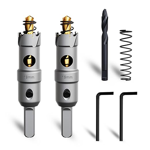 Metal Hole Saw 3/4''(19mm) 2Pcs Set Heavy Duty Tungsten Carbide Tipped Hole Cutters Set with a nitrided Step Drill and L-flench, for Steel Iron,Aluminum,Stainless stell