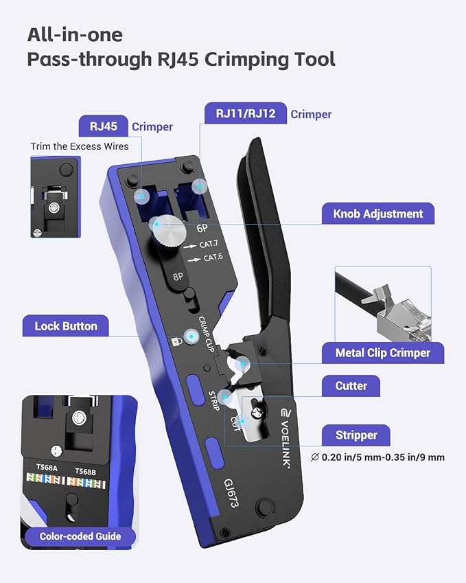 VCELINK RJ45 Crimp Tool Kit for CAT7/6A/6/5E/5, Upgraded Network Tool Set with an Ethernet Crimper, 25 RJ45 Connectors & Boots, Cable Tester, and Wire Stripper, Blue (no Cloth Bag Include)