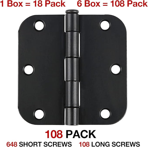 108 Pack Rounded Matte Black Door Hinges 3.5 Inch 5/8" Radius for Interior 3 1/2" Flat Iron Bifold Residential Standard Hinge Bedroom Indoor for Doors 3 ½"Hardware Heavy Duty Steel Regular Home Kit