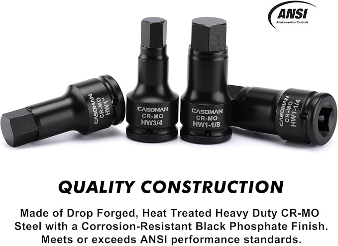 CASOMAN 3/4 Inch Drive Impact Hex Driver Set, 5-Pieces, SAE, 3/4", 7/8", 1", 1-1/8", 1-1/4", 3/4" Drive Master Impact Hex Bit Set, CR-MO, Impact Grade, One-Piece Construction