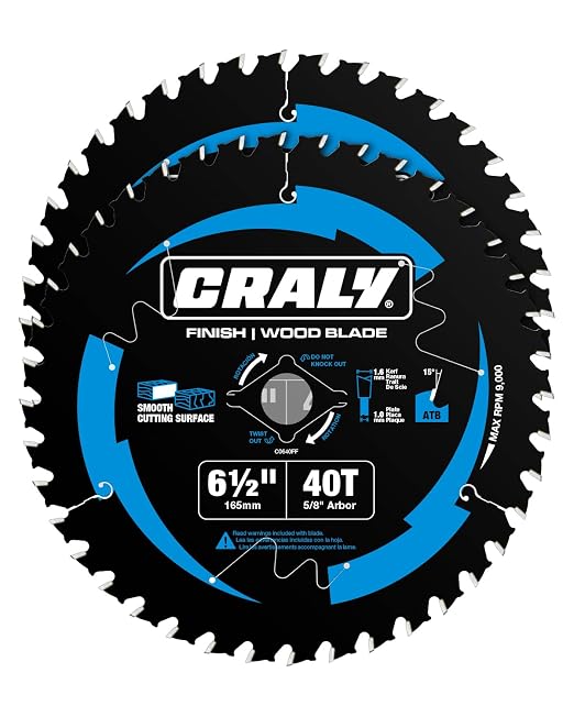 CRALY 6-1/2 Inch 40 Teeth Fine Finish Wood Cutting Circular Saw Blade, 5/8 Inch Arbor, Carbide Tipped, Thin Kerf, Black Ice™, for Plywood, MDF, OSB, Laminated, 2-Pack(C0640FF-2)