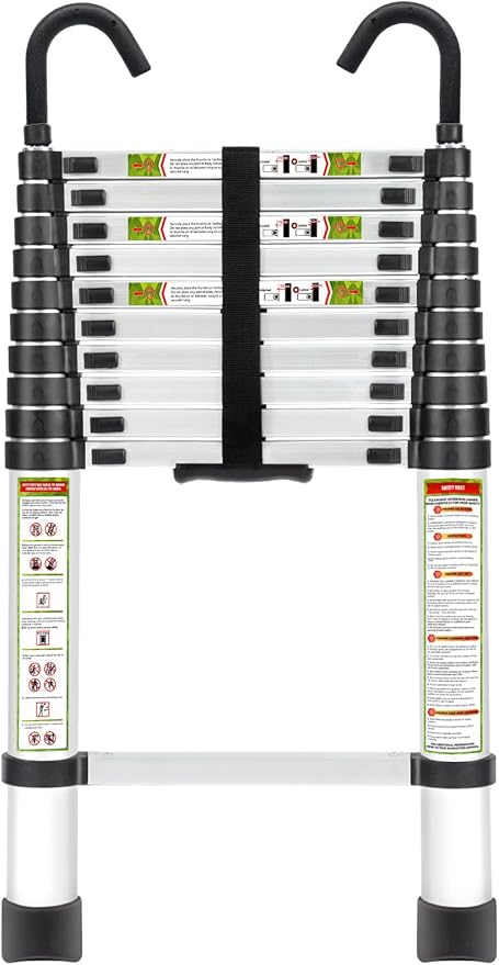 RIKADE Telescopic Ladder, 10.5 ft Aluminum Telescoping Ladder with Non-Slip Feet and Stable Hook, Portable Extension Ladder for Household and Outdoor Working, Max Load 330 lb, Aluminum