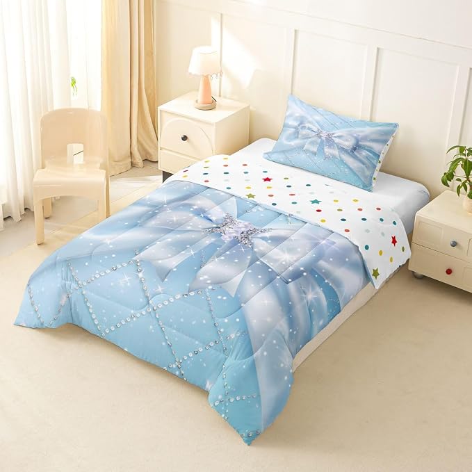 Feelyou Blue Bow Bedding Set Soft for Boys Girls, Glitter Bowknot Comforter Set Toddler Size Princess Duvet Quilt Microfiber Bedroom Decor 2 Pcs with 1 Pillow Cases