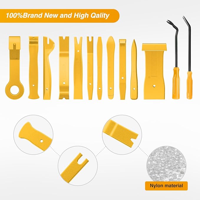 GOOACC 13PCS Nylon Trim Removal Tool Set for Bumper Fastener Rivet Clips Car Door Clip Panel Audio Video Dashboard Dismantle Yellow