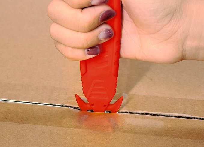 T TOVIA Safety Box Cutter Knife of Recessed Concealed Stainless Steel Blade, Package Opener Plastic Cutter for Box, Carton, Shrink Wrap, Plastic Straps,10pcs RED