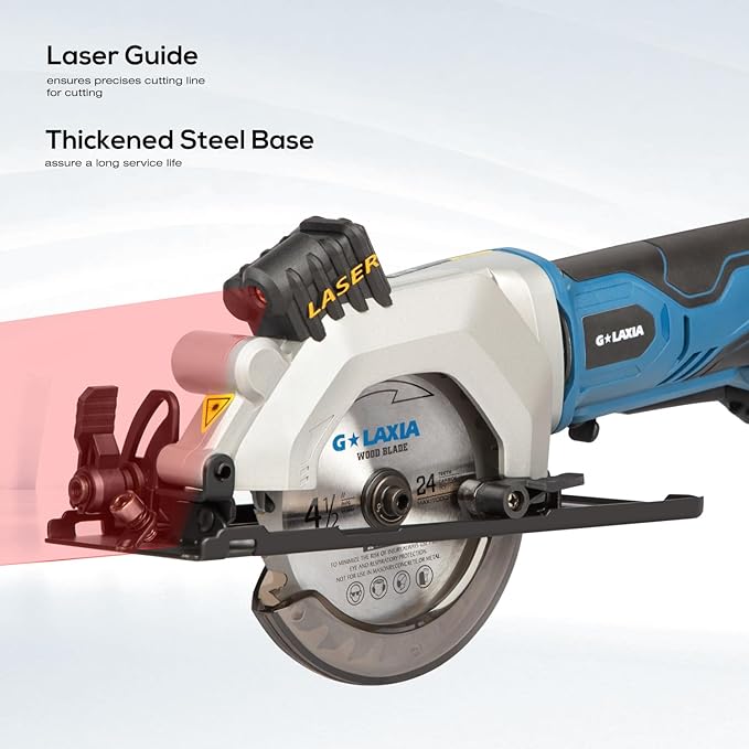 Mini Circular Saw, 4-1/2"" 3400RPM Cordless Circular Saw with Laser Guide, Rip Guide, Compact Hand Saw with 2Pcs blades（24T+60T), Max Cutting Depth 1-11/16""(90°), 1-1/8""(45°), Blue