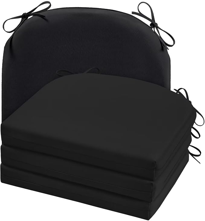 Cozyide Outdoor Chair Cushions, Waterproof Patio Seat Cushions with Adjustable Straps, Round Corner Patio Chair Cushions for Garden, Black, 17x16x2 Inch (Pack of 4)