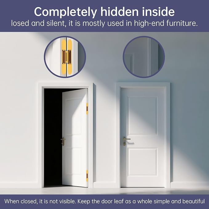 6" 2 pcs Hidden Hinges for Doors Invisible Hinges Concealed Zinc Alloy 180 Degree Swing 3 Way Adjustable Butt Silent Door Hinge 6 x 2.5 x 1 inch (Gold)