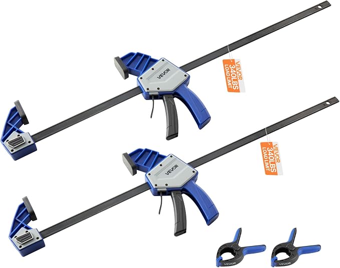 VEVOR Bar Clamps for Woodworking, 2-Pack 24 inch One-Handed Clamp/Spreader, Quick-Grip F-Clamp with 340 lbs Load Limit, Premium Plastic and Carbon Steel, for Woodworking Metal working, Blue + Black