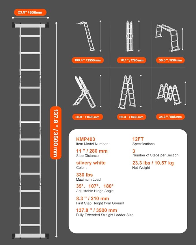 VEVOR Multi-Purpose Folding Ladder, 7-in-1 Tall Step Ladder, A Frame 3 Step Adjustable Telescoping Ladder, 12ft Reach Height Heavy Duty Extension Ladder, 330 lbs Capacity for Household Outdoor Work