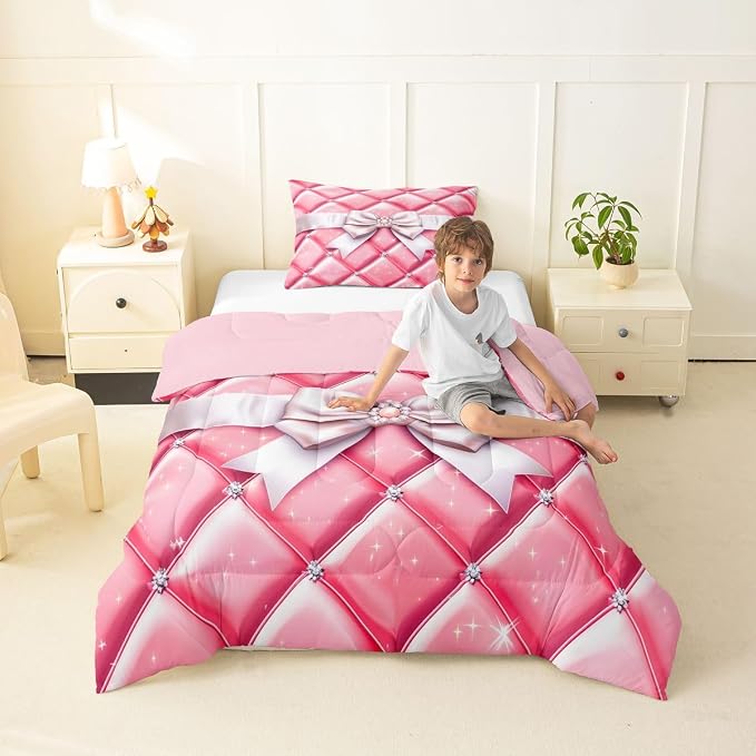 Feelyou Bow Comforter Set All Season Geometry Bowknot Bedding Set with 1 Pillow Cases Glitter Microfiber Kids Twin Bedclothes Bedroom Decor Duvet Quilt Breathable Soft Lightweight