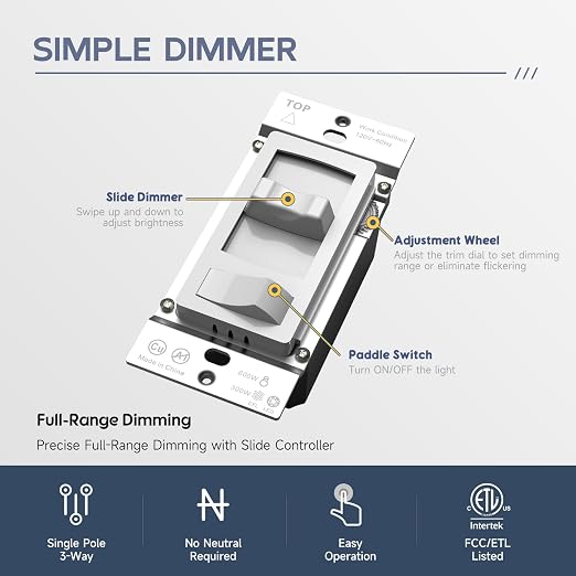 ECOELER Dimmer Light Switch, 3-Way/Single Pole Dimmer Switch for 300W Dimmable LED/CFL Lights and 600W INC/HAL Bulbs, No Neutral Wire Required, ETL&FCC Listed, White, 2 Pack
