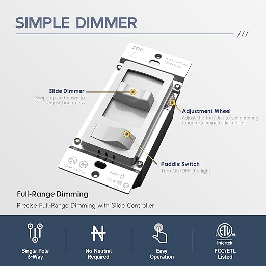 ECOELER Slide Dimmer Light Switch, Single-Pole or 3 Way Full Range Dimming Wall Switches for 300W LED/CFL, 600W Halogen/Incandescent, Wall Plate Included, ETL Listed, White, 4 Pack