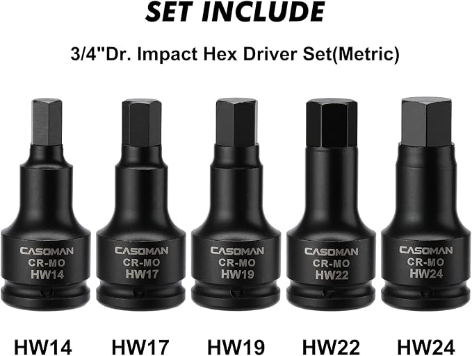 CASOMAN 3/4 Inch Drive Impact Hex Driver Set, 5-Pieces, Metric, 14mm, 17mm, 19mm, 22mm, 24mm, 3/4" Drive Master Impact Hex Bit Set, CR-MO, Impact Grade, One-Piece Construction