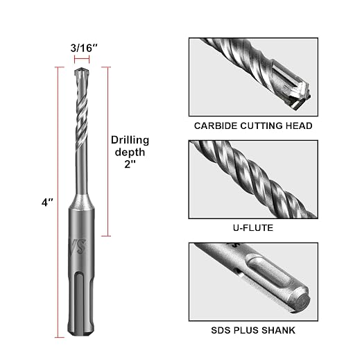 SALI SDS Plus Rotary Hammer Drill Bit 10 Pcs 3/16"*4" Concrete Drill Bit Kit Cross-Type Double Thread Carbide Material Suitable for Concrete, Brick, Cement Walls, Stone, Hammer Drill Bits for Concrete
