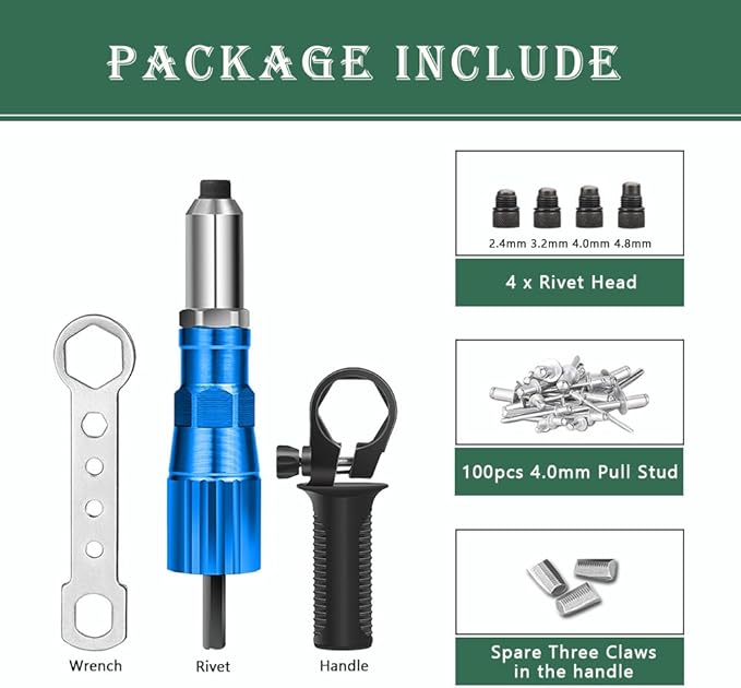 Rivet Gun Adapter Kit, Riveting Gun Head Tool for Cordless Drill, with 4 Rivet Head/Removable Handle/100pcsx4.0mm Studs (Blue)