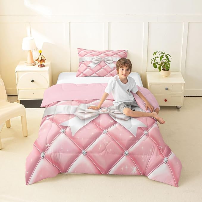 Feelyou Bow Comforter Set Toddler Size Glitter Bowknot Bedding Set for Kids Boys Girls Princess Duvet Quilt Bedroom Decor Microfiber 2 Pcs with 1 Pillow Cases