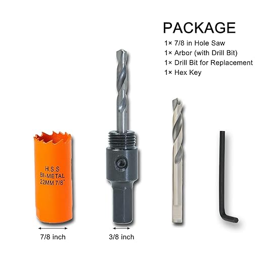 7/8 inch Hole Saw with Arbor for Cutting Metal Wood and Plastic, 22mm Bi-Metal Hole Cutter for Different Project with Smooth and Flat Drilling Edge, Fast Chip Removal, Handy Hole Saw Kit Set