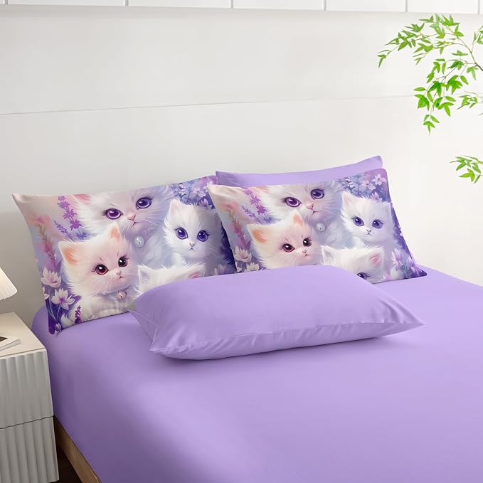 Cat Bedding 7 Piece Comforter Set King Size,Cute Animal Themed Bed Set for Girls Room Decor,Kids Bedding with 1 Comforter,1 Flat Sheet,1 Fitted Sheet,4 Pillowcases.