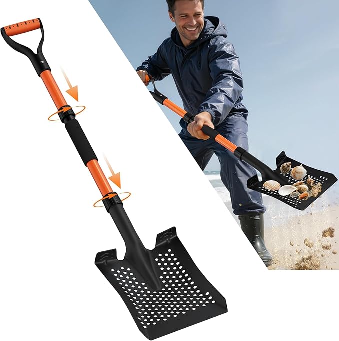Sand Sifter Shovel for Beach: 42'' Sand Scoop for Metal Detecting with Ergonomic D-Handle - Sifting Shovel Twist-Lock Connection & Extra-Wide Step for Treasure Hunting & Metal Detecting Hobbyists