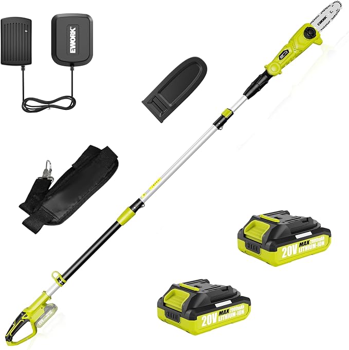 EWORK Electric Pole Saws for Tree Trimming 20V 8-Inch Cordless Pole Chainsaw, Extension to 14.8-Ft, 4-Angle Adjustable Head, Tool-Free Tensioning with 2x2.0Ah Battery & Fast Charger