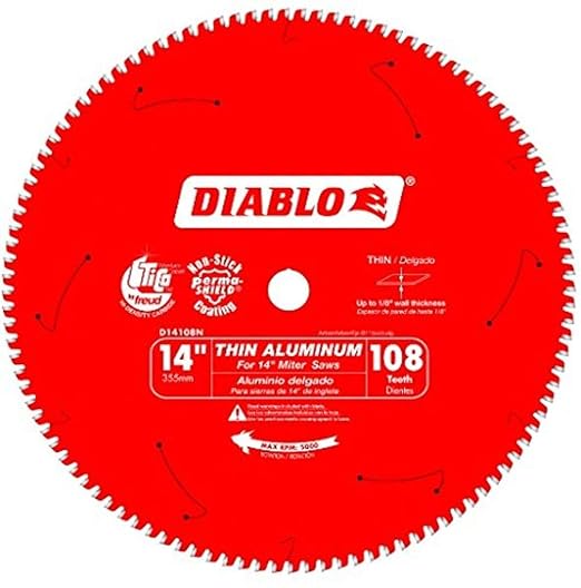 Diablo Saw Blade for Thin Aluminum Cutting - 14" Diameter, 108 TCG Teeth, 1" Arbor, .091" Kerf, -5° Hook Angle, .098" Plate, 5000 Max RPM - D14108N