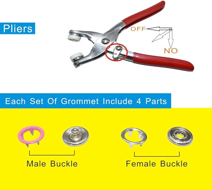 200 Set Snap Fastener Tool 10 Colors Solid &Hollow Mixed Diameter 9.5mm Metal Eyelets Shoes Clothes Crafts with Heavy-Duty Pliers
