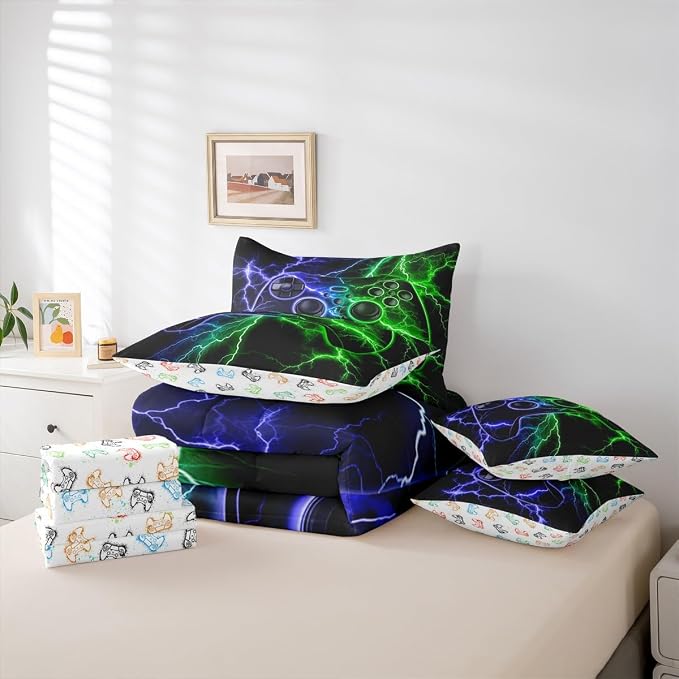 Erosebridal Gamer Full Size Bed Sheets and Comforter Set, Gaming 7 Piece Bedding Set Game Boy Games Bed in a Bag, Blue Green Lightning Room Decor,Kids Room Decor