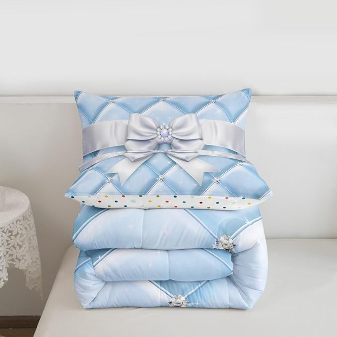 Feelyou Cute Blue Bow Bedding Set Soft for Boys Girls, Geometry Bowknot Comforter Set Queen Size Glitter Duvet Quilt Microfiber Bedroom Decor 3 Pcs with 2 Pillow Cases