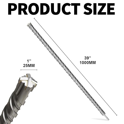 SDS Plus Rotary Hammer Drill Bits, (1"*39"-25mm*1000mm) - 4 Carbide Cutting Edges, Ideal for Masonry| Heavy-Duty Masonry |Hammer Drill Bits for Precision Drilling