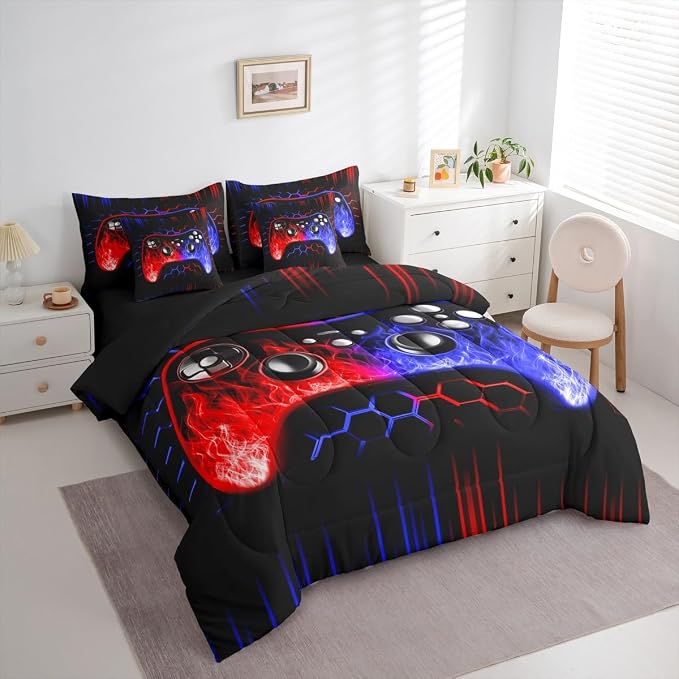 Erosebridal Boys Gamer Bed in a Bag King Size Comforter Set 7 Pieces Ombre Art Honeycomb Sheet Set Red Blue Neon Lights Bedding Set Game Consoles Bed Set Geometry Hexagon Beehive Gaming Room Decor