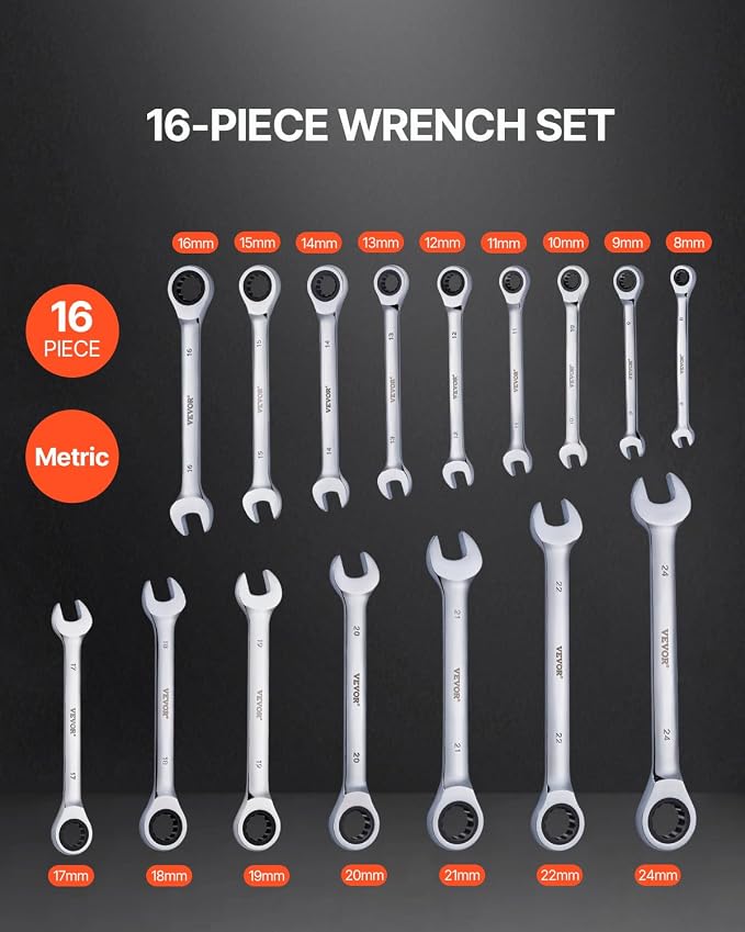 VEVOR Combination Wrench Set, 16-Piece Ratcheting Wrench Set with Organizer Rack, Cr-V Steel, Metric 8 mm to 24 mm, Ideal for General Household, Garage, Workshop, Auto Repairs, Emergency