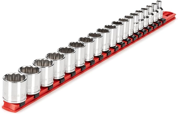 TEKTON 3/8 Inch Drive 12-Point Socket Set, 19-Piece | SHD91112 | (6 - 24 mm), Shallow, Socket Rail