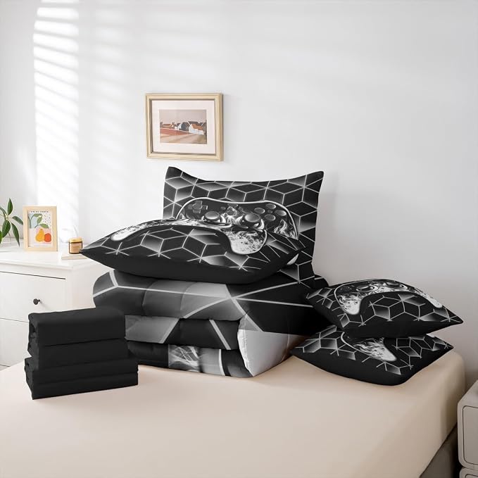 Game Consoles 7 Piece Comforter Set Full Bed in a Bag,Neon Geometric Bedding Set,3D Geometric Gamer Comforter and Sheet Set Grey Flame Bed Set,Gaming Decor for Boys Bedroom Decor Gamer Gifts