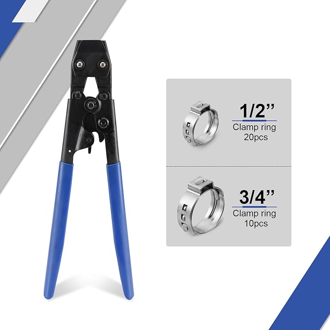 PEX Crimping Tool Kit, PEX Clamp Cinch Tool, Crimper for Stainless Steel Clamps from 3/8 inch to 1 inch With 20pcs-1/2 inch & 10pcs-3/4 inch PEX Clamps