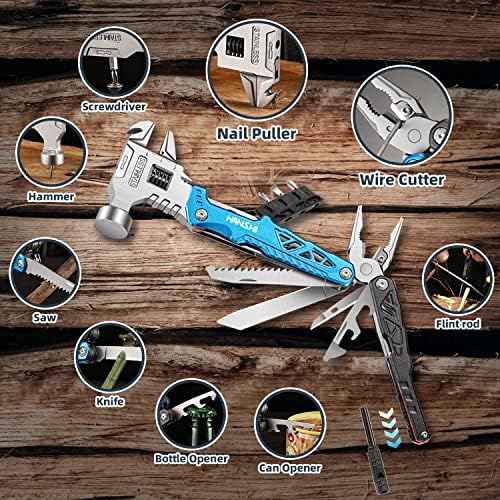HANSHI Upgraded Adjustable Wrench Multitool Hammer with YG10 Tungsten Steel Replaceable Wire Cutters for Men,18 in 1 Pocket Multi Tool Knife with Spring-Action Pliers for Camping,Survival (Blue)