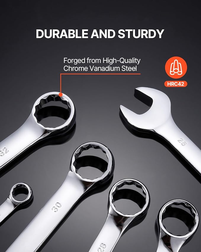 VEVOR 25-Piece Metric Combination Wrench Set, 6-32mm, Open End, Carbon Steel, with Roll-up Pouch, Ideal for Household, Garage, Workshop, Auto Repairs