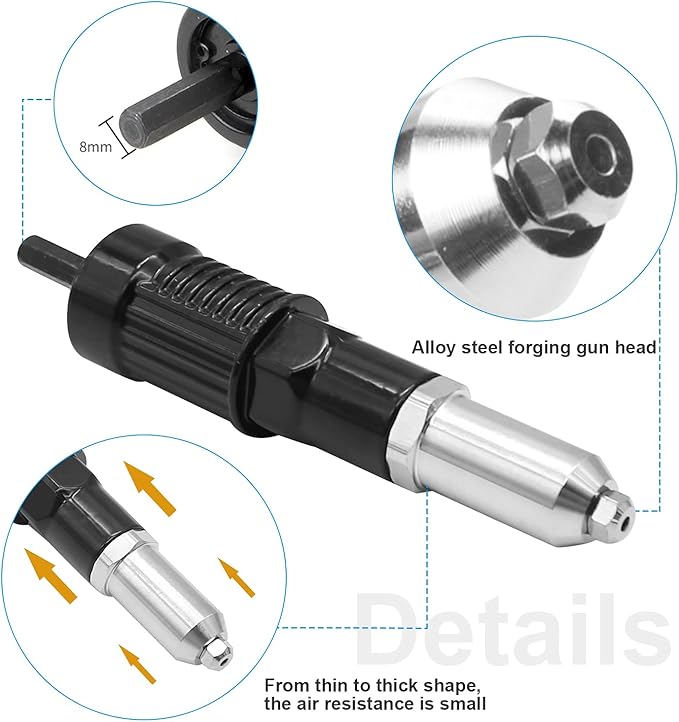 Pop Rivet Gun Adapter Kit, Professional Rivet Gun Adapter Rivet Drill Attachment with 4 Rivets Heads Cordless Rivet Gun Power Drill Adaptor Kit