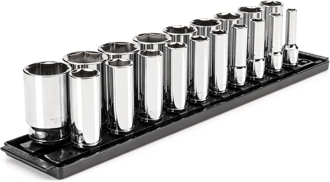 TEKTON 1/2 Inch Drive 6-Point Socket Set, 19-Piece | SHD92123 | (3/8 - 1-1/2 in.), Deep, Socket Rail