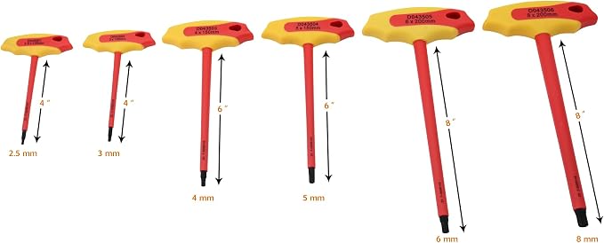 Dynamic Tools 6 Pc Insulated Metric T-Handle Hex Key Set, Insulated Tools For Electrical Work, Hex Keys Individually Certified to 1,000V, Red, Yellow