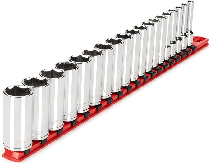 TEKTON 3/8 Inch Drive 6-Point Socket Set, 19-Piece | SHD91114 | (6 - 24 mm), Deep, Socket Rail