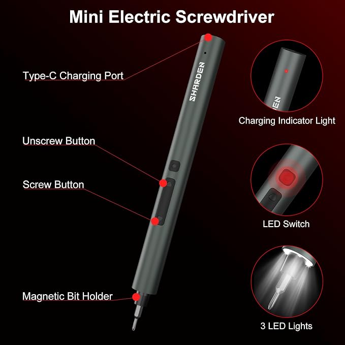 SHARDEN 75 IN 1 Mini Electric Screwdriver Set, 71 S2 Precision Bits, 3 LED Lights, Magnetic Storage, USB Charging Cable, Mini Power Screwdriver Repair Tool Kit for PC, Electronics, Tech