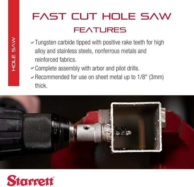 Starrett Tungsten Carbide Tipped Stainless Steel Sheet Metal Hole Saw - Ideal for Stainless, High Alloy Steel, Non-Ferrous Metals, Reinforced Fabrics - 2-9/16'' Diameter - SM65