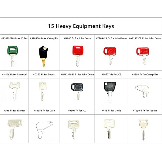 15PCS Heavy Construction Equipment Keys Set,Machinery Operator Ignition Keys Compatible with JD Volvo Caterpillar JCB Case Takeuchi Genie Bobcat Hitachi JLG Toyota