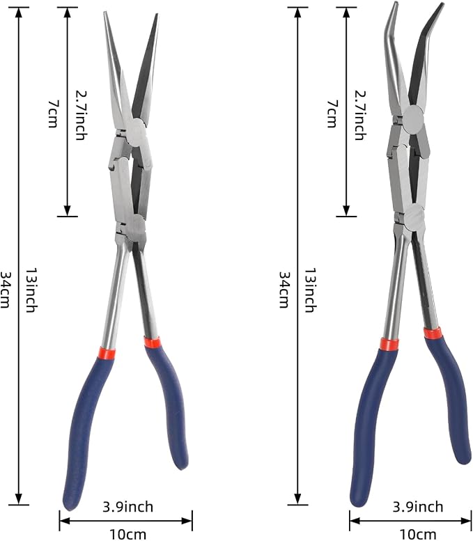 13” Long Needle Nose Pliers Set, Double Rivet, Knurled Jaws, Bent 45°and Straight Needle Nose, 2-Piece, Extended Reach for Tight Spaces (2-Piece（Straight +45°）)