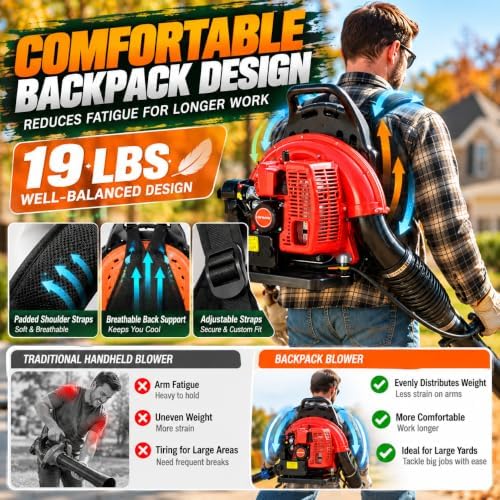 63cc Gas Backpack Leaf Blower, 665 CFM 3hp/2.3KW Engine Power Leaf Blower