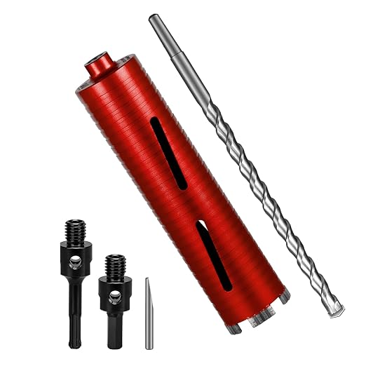 SALI Diamond Core Drill Bits 2 1/2" Diameter 10"/254mm Drilling Depth 5/8-11" Thread Core Bit Turbo Laser-Welded Segments for Cured Concrete with Brick Block Masonry with Two Adapters（Red）